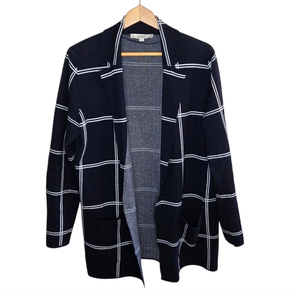 Loft | Navy Blue White Windowpane Striped Open Knit Sweater Blazer Size Large - Picture 1 of 6